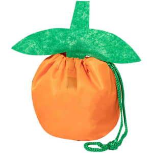 An orange foldable bag with a green leaf and drawstring closure, designed to resemble a fruit.
