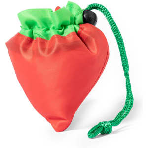 A foldable bag designed in red and green, shaped like a strawberry, with a drawstring closure and a green cord.