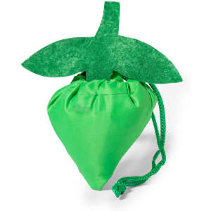 A green foldable bag shaped like a strawberry with a drawstring closure and a leaf design on top.