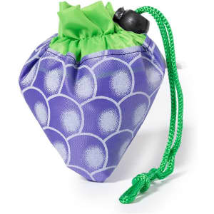 A foldable bag featuring a purple design with green accents and a drawstring closure. It includes a logo.