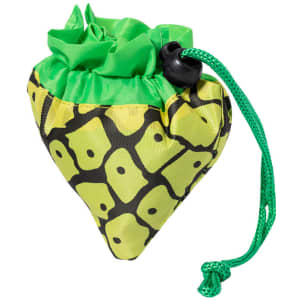 A foldable bag in a yellow and green pineapple design, featuring a drawstring closure and a logo.