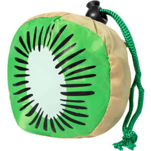 A foldable bag designed to resemble a kiwi fruit, featuring green and beige colours with a drawstring closure.