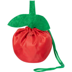 A red foldable bag designed to resemble an apple, with a green leaf and strap. Features a branding logo.