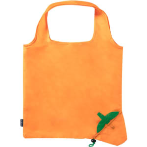 An orange foldable reusable grocery bag with a green leaf detail and a logo in the corner.