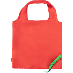 A foldable reusable grocery bag in bright orange with a green drawstring feature and a logo on the side.