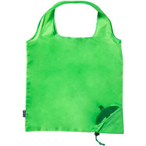 A green foldable reusable grocery bag with a small pocket and a branding logo.