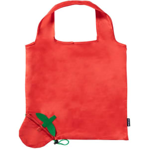 A red foldable reusable grocery bag with a green accent, featuring a logo on one side.