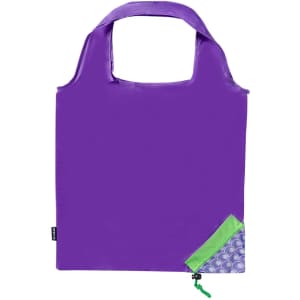 A purple foldable reusable grocery bag with a green and patterned corner. Features a logo.