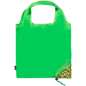 A bright green foldable bag with a patterned corner and a logo. Features sturdy handles for easy carrying.