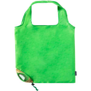 A green foldable reusable grocery bag with a logo and a compact storage pouch at the bottom.