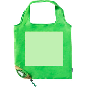 A bright green foldable reusable grocery bag with a logo, featuring a pouch for compact storage.