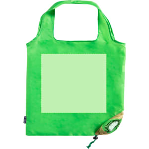 A vibrant green foldable bag with a single handle and a small pouch for storage, featuring a logo.