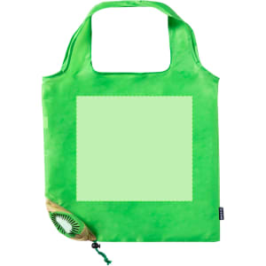A bright green foldable reusable grocery bag with a small pouch for storage, featuring a logo on the side.