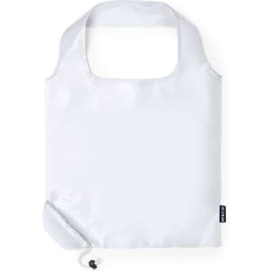 A foldable bag in white with a rounded handle and a logo. The bag can be rolled or folded for storage.