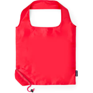 A red foldable bag with a large opening, featuring a logo and a drawstring closure at the bottom.
