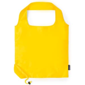 A foldable bag in bright yellow with a handle and a drawstring closure, featuring a logo.