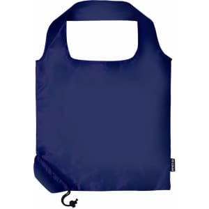 A foldable bag in navy blue with a single handle and a small drawstring for compact storage. Features a logo.