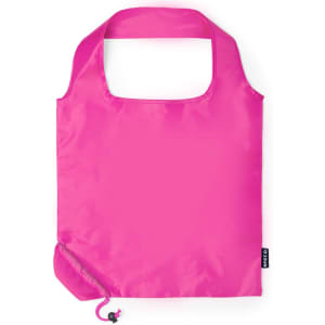 A foldable bag in bright pink, featuring a simple design with a handle and a logo on the side.