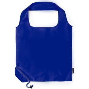 A foldable bag in a vibrant blue colour with a sturdy handle and a drawstring closure at the bottom.