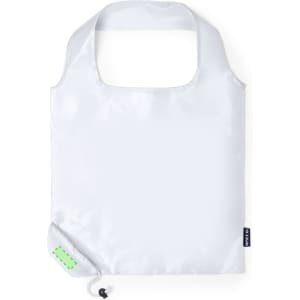 A foldable bag in white with a green accent and a logo, featuring a simple design and shoulder straps.