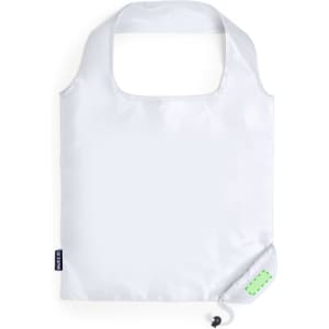 A foldable bag in white, featuring a simple design and a small branding logo.