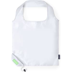 A foldable bag in white with a handle and a green detail. It features a logo on one side.