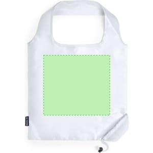 A foldable bag in white, featuring a large empty area for customisation and a small branding label.