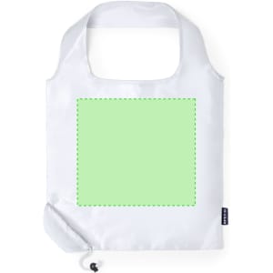 A foldable bag in white with a green square centre, featuring a logo. The bag is compact and can be easily stored.