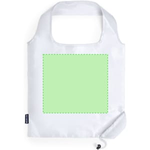 A foldable bag in white with a large green blank area and a logo on the side.