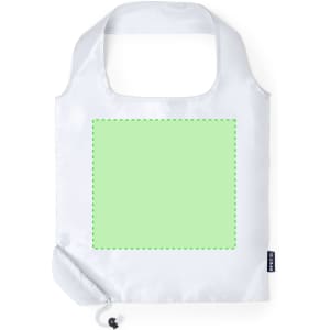 A foldable bag in white with a blank green square area, featuring a branding logo on the side.