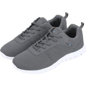 A pair of grey trainers with a mesh upper and white sole, featuring branding on the side.