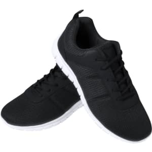 A pair of black trainers with a mesh upper and white soles, featuring laces and a logo.