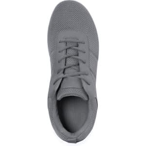 A grey trainer with a mesh upper and laces, featuring a simplified design and a logo on the side.