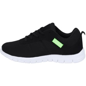 A pair of black trainers with a white sole and a green accent, featuring a textured upper and laces.