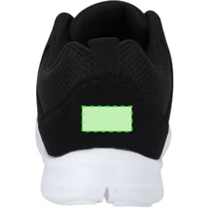 A pair of black trainers with a white sole and a small branding logo on the back.