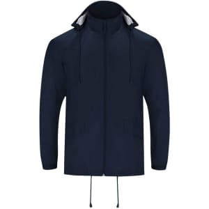 A navy rain jacket featuring a hood, zip closure, and two front pockets. It has a branding logo.