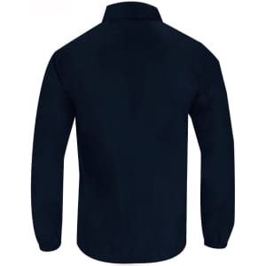 A navy blue rain jacket with a collar and long sleeves, featuring a logo on the back.
