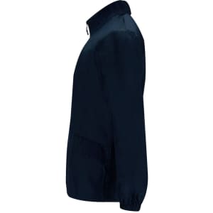 A navy rain jacket featuring a zippered front, long sleeves, and a side pocket. It has a simple logo on the fabric.