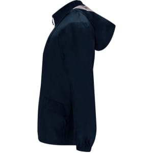 A navy rain jacket with a hood, featuring a front pocket and branding on the side.