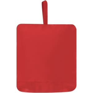 A red rain jacket with a loop for hanging, featuring a simple design and a branding logo.