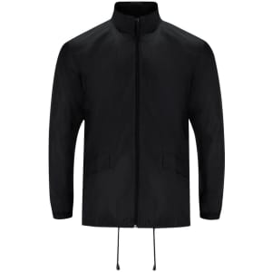 A black rain jacket with a zip front, elastic cuffs, and a drawstring hem. It features side pockets and a logo.