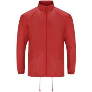 A red rain jacket featuring a front zipper, long sleeves, and a drawstring hem. It has a logo on the front.
