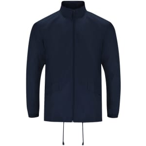A navy rain jacket featuring a stand-up collar, zip front, and adjustable hem. It has side pockets and a logo.