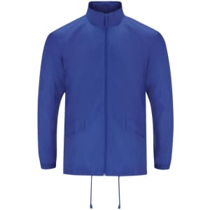 A blue rain jacket with a zip front, two side pockets, and a drawstring hem, featuring a logo.