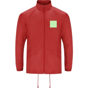 A red rain jacket with a partial zip and a green square logo on the front. Features pockets and a drawstring hem.