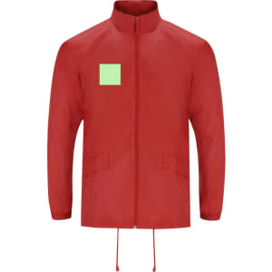 A red rain jacket featuring a zippered front, pockets, and a logo on the upper left side.