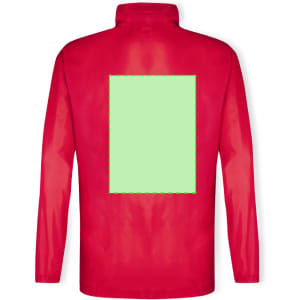 A red Bravion raincoat featuring a blank green rectangular area on the back and a collar. Contains a logo.