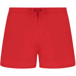 Red swimming trunks featuring an elastic waistband with a drawstring and a simple design.