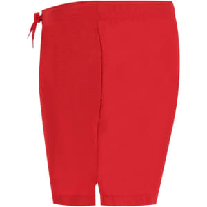 Red swimming trunks with an elastic waistband and a tie detail, featuring a simple design and a logo.