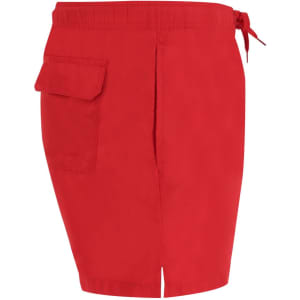 Red swimming trunks featuring a side pocket and an adjustable tie waist. The product includes a logo.